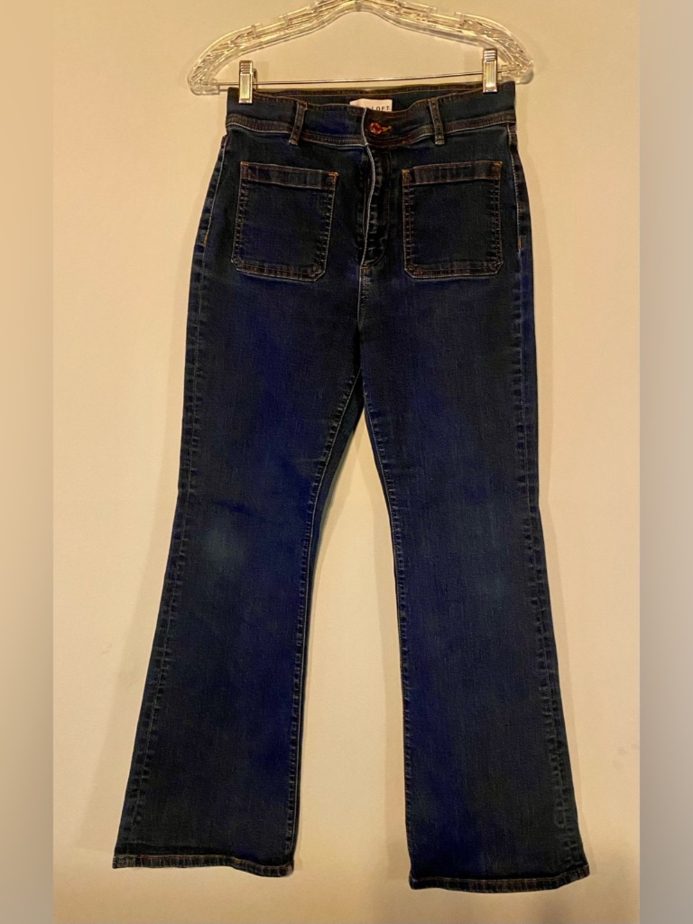 LOFT Dark Blue Flare Jeans with Front Patch Pockets